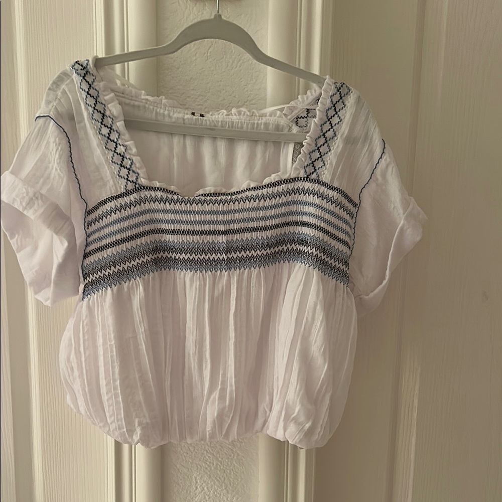 White and Blue Smocked Women's Top free people